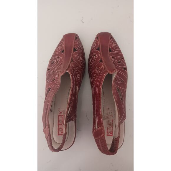 Pikolino's cut leather artistic design Brown kitten wedge low slingback Sz 10 W - Picture 6 of 9